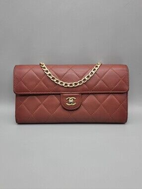 ❤️CHANEL Red/Brown Quilted Leather Wallet/Clutch